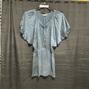 Rebecca Taylor slate‎ blue 100% silk blousy dress batwing sleeves tassel ties 2